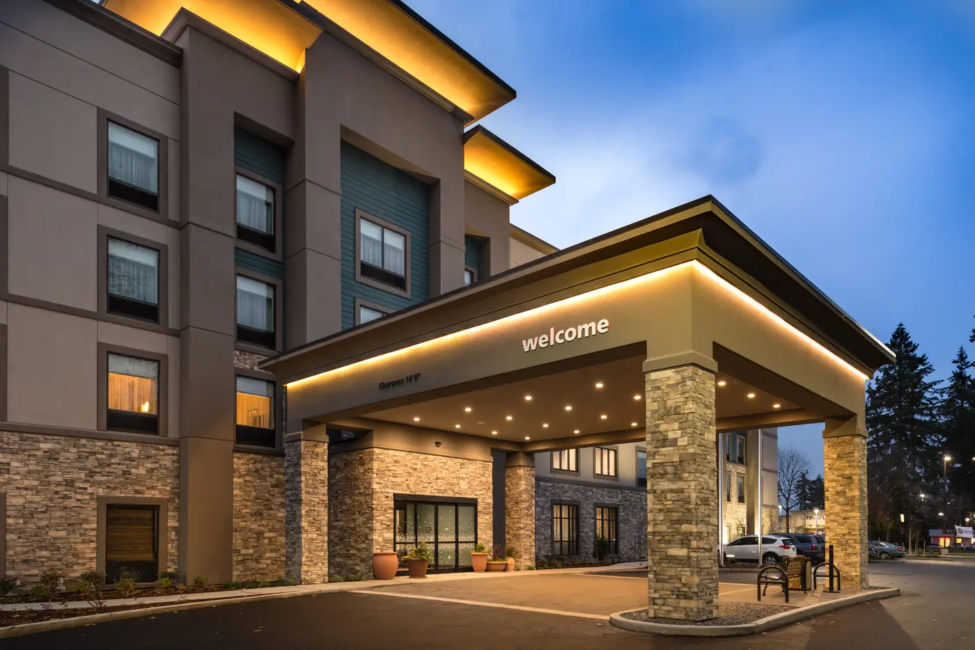 Hampton Inn and Suites Olympia exterior at evening